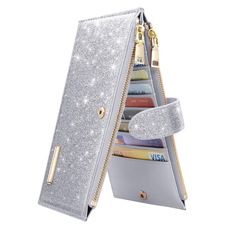 Coco Rossi Womens RFID Blocking Glitter Wallet Multi Card Organizer Bifold Wallet for Women with Zipper Pocket,Silver - Image 1